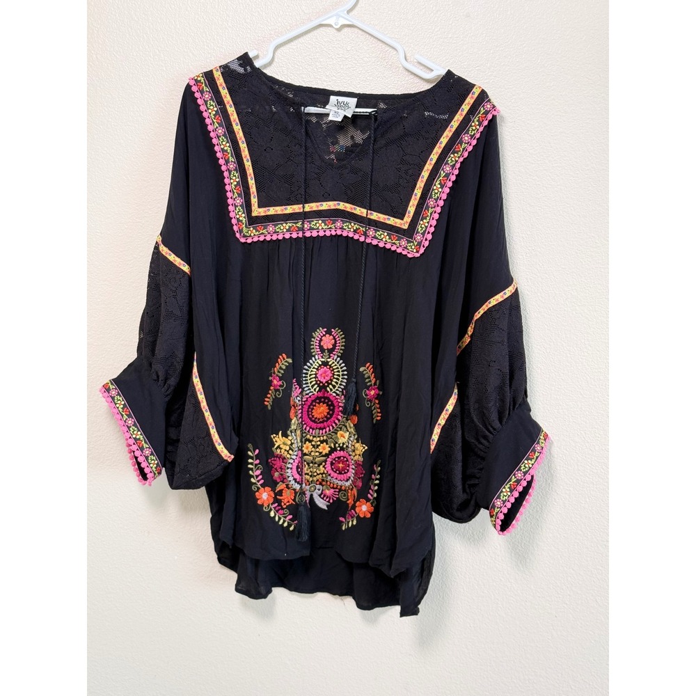 Ivy Jane Black Boho Embroidered Lace Peasant Blouse XL Tassel Balloon Sleeve